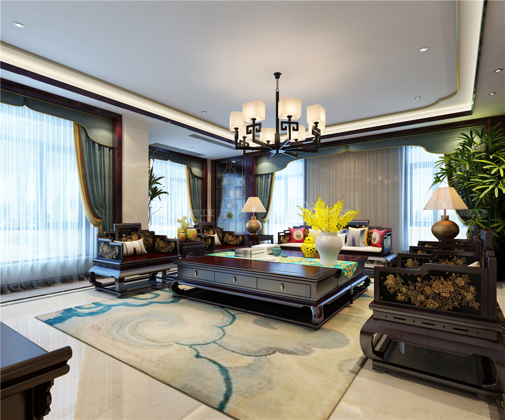 整木定制新中式裝修風(fēng)格 別墅高清效果圖(圖3) 整木定制客廳