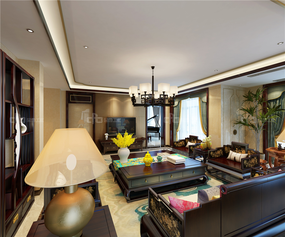 整木定制新中式裝修風(fēng)格 別墅高清效果圖(圖4) 整木定制客廳